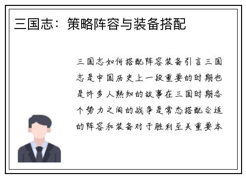 三国志：策略阵容与装备搭配